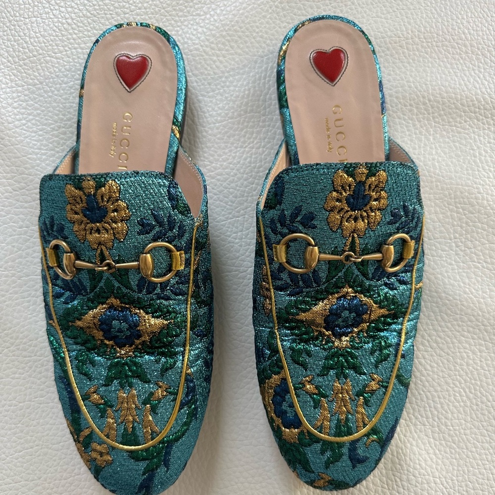 Gucci Princetown Slipper Slides Blue Gold Horsebit Mule